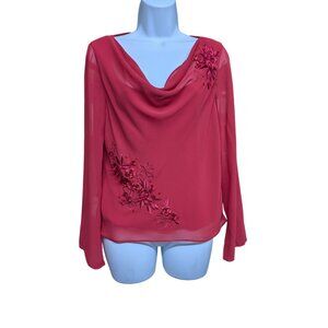 Adrianna Papell Red long sleeved Blouse cowl neck floral appliques size 8 NWT